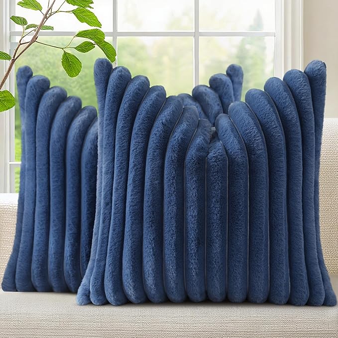 decorUhome Faux Fur Spring Throw Pillow Covers 18x18 Set of 2, Decorative Soft Plush Striped Neutral Couch Pillow Covers with Velvet Back for Sofa, Bed, Living Room Home, Blue