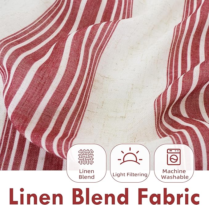 DriftAway Farmhouse Vertical Striped Linen Blend Textured Light Filtering Semi Sheer Curtains for Living Room Bedroom 54 Inches Long Drapes 2 Panels Broad Striped Red