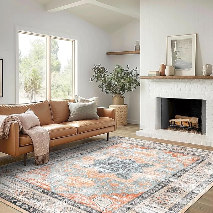 4x6 Rug, Small Area Rug for Living Room, Bedroom, Kitchen, Machine Washable Non-Slip Throw Rug, Vintage Distressed Floral Carpet for Entryway Nursery Dinner Room, Orange