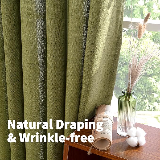 YoungsTex Olive Green Linen Curtains 63 Inches Length 2 Panels Textured Window Drapes with Bronze Grommet Privacy Light Filtering for Living Room Bedroom Office, 52 x 63 Inch