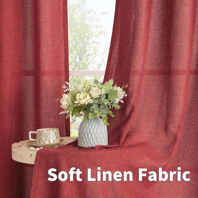 YoungsTex Red Linen Curtains 40 Inch Length for Kitchen Window, Short Light Filtering Drapes with Bronze Grommet Privacy Lightweight for Bathroom Window, 42 x 40 Inch, 2 Panels