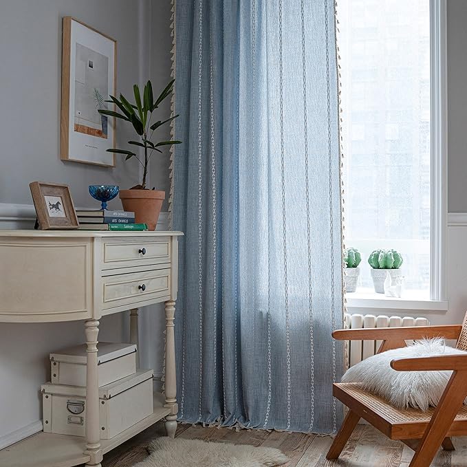 Sutuo Home Boho Curtain for Bedroom 96 Inches Long, Light Filtering Farmhouse Vintage Chic Tassels Window Treatment Bohemian Embroidery Drape, Rod Pocket 1 Panel 52" W x 96" L, Blue