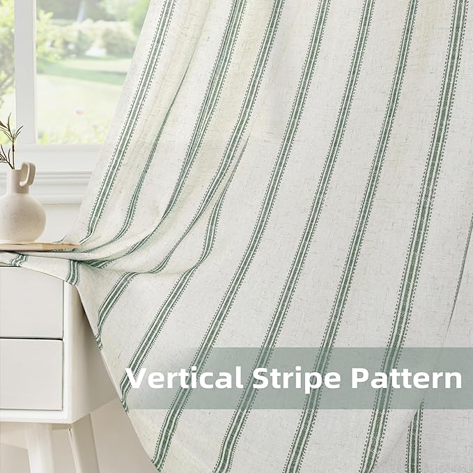 DriftAway Farmhouse Vertical Striped Linen Blend Textured Light Filtering Semi Sheer Curtains for Living Room Bedroom 108 Inches Long Drapes 2 Panels Linen Loden Green