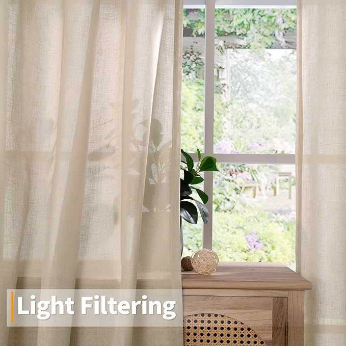 YoungsTex Short Linen Sheer Curtains 63 Inch Length for Window Natural Textured Drapes Light Filtering for Bedroom Living Room Lightweight Grommet, Light Tan, 2 Panels, 42 X 63 Inch