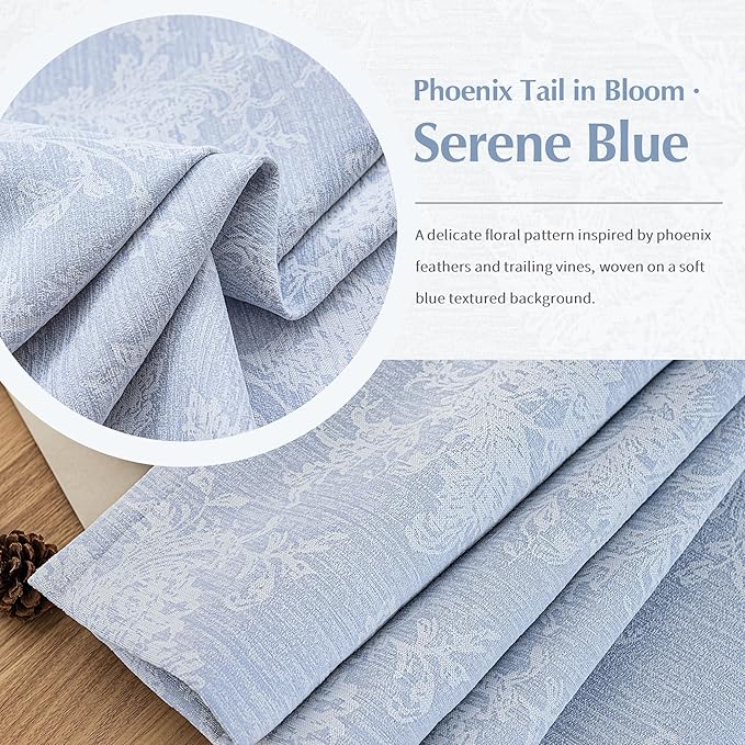 FMFUNCTEX Blue Floral Jacquard Blackout Curtains 63 Inch Length for Bedroom, Scroll Flower Chenille Farmhouse Curtains for Living Room Darkening Thermal Insulated Grommet Window Drapes 2 Panels