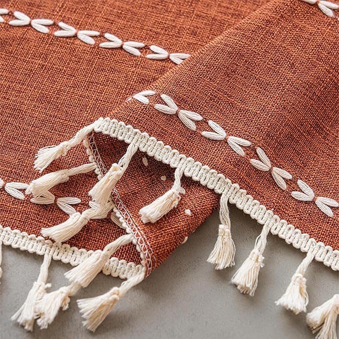 Sutuo Home Boho Short Curtains Valance for Cafe Doorway Closet, Light Filtering Linen French Country Shabby Window Treatment Bohemian Embroidery Drape, Rod Pocket 1 Panel 52" W x 36" L, Terracotta