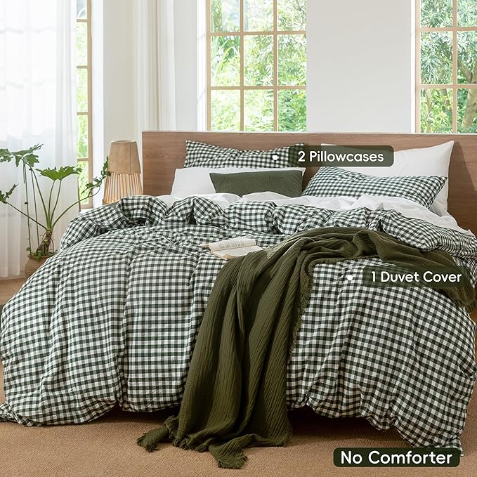 MooMee Gingham Duvet Cover Set 100% Washed Cotton Linen Like Textured Breathable Durable Soft Comfy Modern Checkered Design (Forest Green Gingham, Super Queen 90"x98")