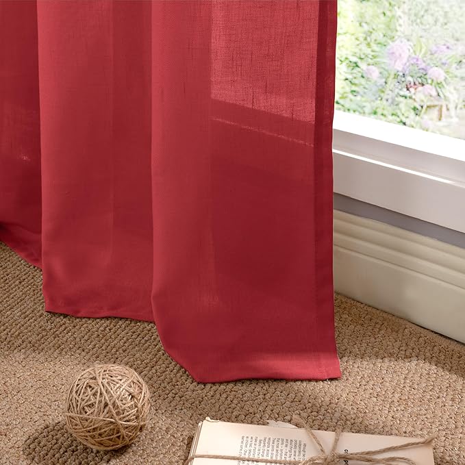 YoungsTex Red Linen Curtains 63 Inch Length for Living Room, Light Filtering Window Drapes with Grommet Semi Sheer Privacy Christmas Decor for Dining Bedroom, 2 Panels, 52 X 63 Inch