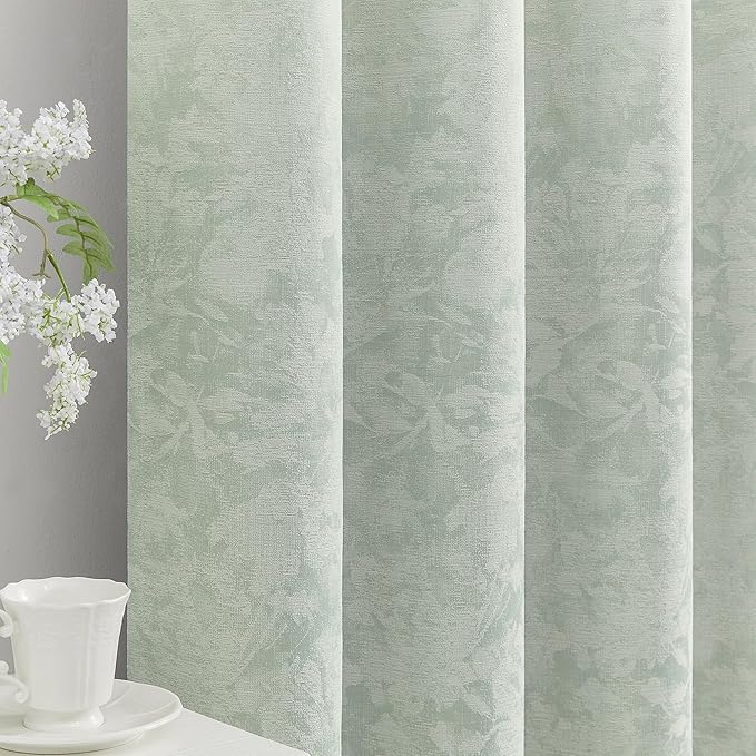 Beauoop Green Floral Jacquard Blackout Curtains 96 Inches Long 2 Panels for Bedroom Living Room Sage Flower Chenille Room Darkening Thermal Insulated Soundproof Grommet Window Treatments Drapes, 52x96