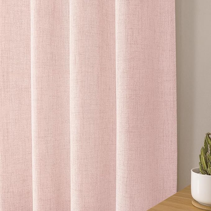 Tollpiz Linen Curtain Living Room Rod Pocket Semi Sheer Curtains Burlap Light Filtering Thick Linen Drape for Bedroom, 54 x 72 inches Long, Pink, Set of 2 Panels