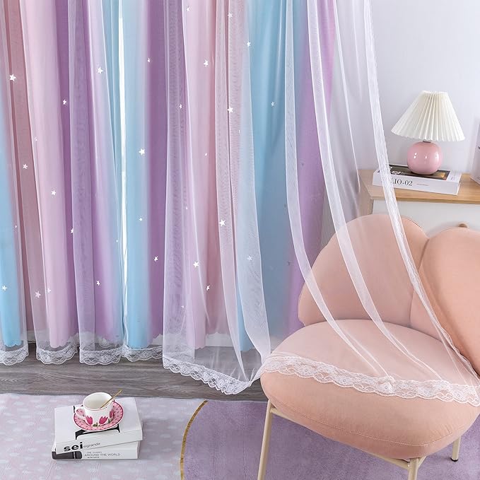 XiDi Dream Star Blackout Curtains for Kids Rooms Girl Princess Curtain for Daughter Bedroom 84 inches Long (Pink Purple, W52 X L84)