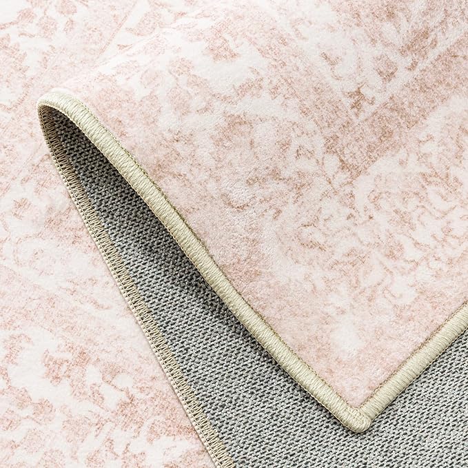 Pink Runner Rug 2x8 Hallway Machine Washable Kitchen Vintage Distressed Non Slip Long Carpet Indoor Retro Floral Bedroom Accent Throw Rug for Bathroom Office Laundry Dining Room