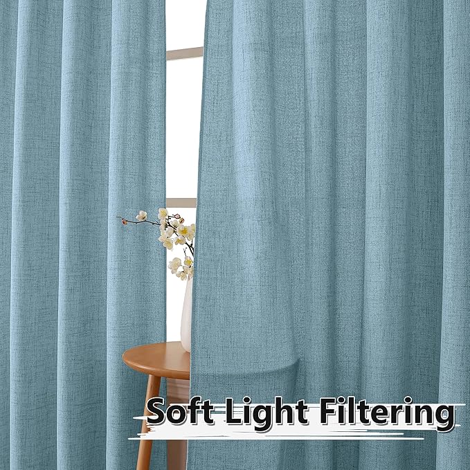 Tollpiz Short Linen Tier Curtains Rod Pocket Semi Sheer Half Kitchen Curtain Burlap Light Filtering Thick Linen Drapes for Bathroom, 30 x 24 inches Long, Dusty Blue, Set of 2 Panels