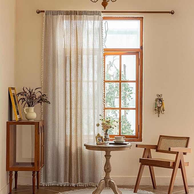 Sutuo Home Boho Curtains 96 inches for Bedroom Dining Room,French Country Bohemian Vintage Chic Drape Light Filtering Privacy Window Treatment Tassels, Rod Pocket 1 Panel 52" W x 96" L, Khaki Linen