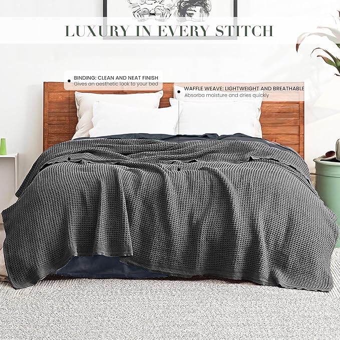 Salt Earth 100% Cotton Throw Blanket, Twin, 68"x92" Waffle Throws for Home, Bedrooms, Outdoor and Cozy Couch, Modern Bed Room Decor Blankets, Lightweight,All Season Western Blanket (Charcoal Grey)