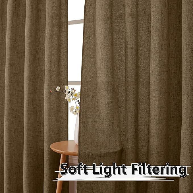 Tollpiz Linen Curtain Bedroom Rod Pocket Semi Sheer Curtains Burlap Light Filtering Thick Linen Drape for Living Room, 38 x 84 inches Long, Brown, Set of 2 Panels