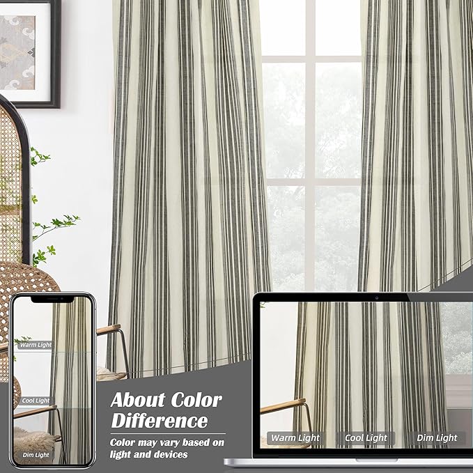 DriftAway Farmhouse Vertical Striped Linen Blend Textured Light Filtering Semi Sheer Curtains for Living Room Bedroom 96 Inches Long Drapes 2 Panels Broad Striped Linen Black
