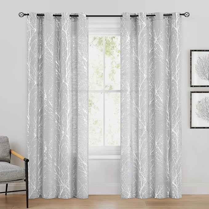FMFUNCTEX Linen Semi Sheer Curtains for Bedroom & Living Room, Silver Metallic Print Grey Tree Panel, Light Filtering, 96 Inches Long, 2 Panels