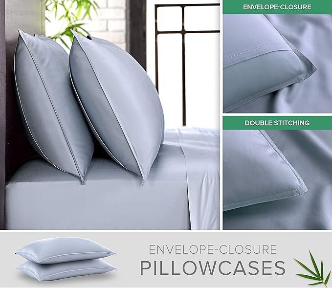 Pure Bamboo King Sheets, Genuine 100% Organic Viscose Derived from Bamboo Bed Sheet Set, Luxuriously Soft & Cooling, Double Stitching, 2 Year Quality Promise (King, Sterling Blue)