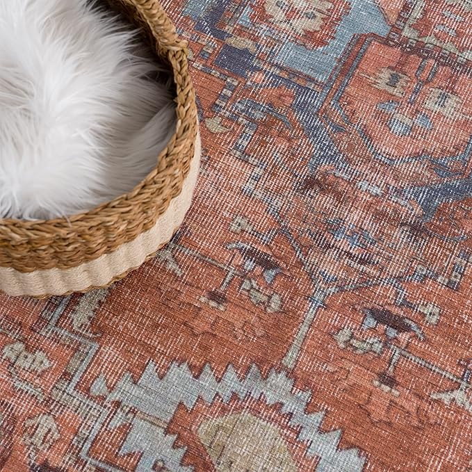 Bloom Rugs Washable Non-Slip 2' x 3' Rug - Terracotta/Blue Traditional Oriental Area Rug for Living Room, Bedroom, Dining Room, and Kitchen - Exact Size: 2' x 3'