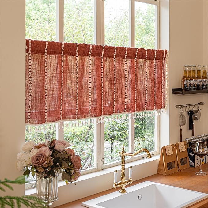 Sutuo Home Boho Short Curtains Valance for Cafe Doorway Closet, Light Filtering Linen French Country Shabby Window Treatment Bohemian Embroidery Drape, Rod Pocket 1 Panel 52" W x 36" L, Terracotta