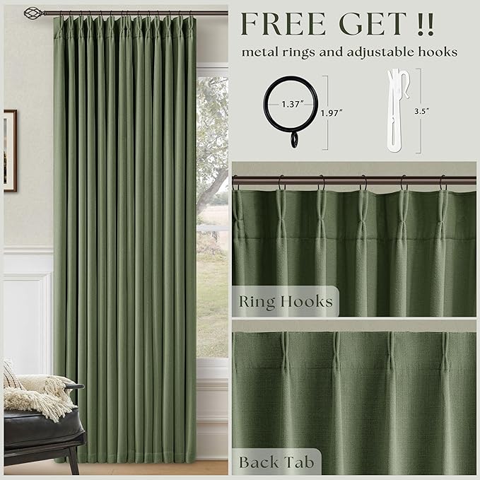 80 Inch Olive Green Linen Blackout Curtains for Living Room 100% Black Out Pinch Pleat Hooks for Living Room Back Tab Thick Linen Textured Pleated Drapes Light Blocking Loden Bedroom Window Curtains