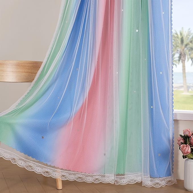 XiDi Pink & Rainbow Curtains for Kids & Girl Bedrooms - Blackout, Unicorn Wall Decals, 52x72 Inch