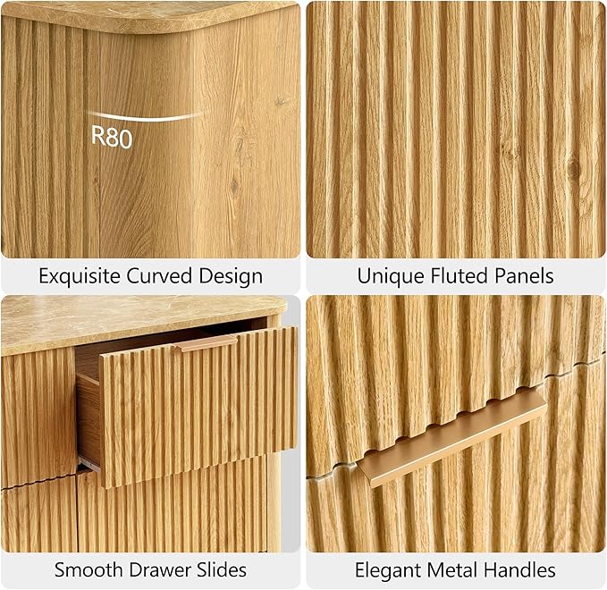 win2win 9 Drawer Dresser, Modern Dresser with Storage, 55" Wide Fluted Chest of Drawers with Faux Marble Top, Dressers TV Stand, Minimalist Drawers Organizer for Bedroom, Living Room, Hallway, Oak
