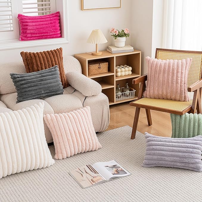 Double-Sided Faux Fur Plush Throw Pillow Covers 12x20 Set of 2 Fuzzy Striped Soft Cozy Pillowcase Luxury Decorative Pillows Rectangle Shaggy Cushion Covers for Couch Sofa Bed,Light Grey