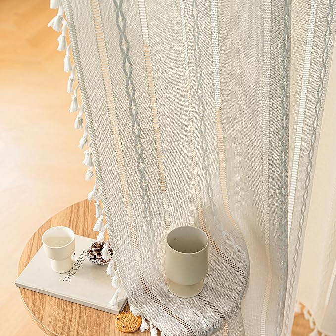 Sutuo Home Boho Door Curtains for Door Window, Bohemian Semi Blackout Curtains Tassels Privacy Vintage Chic Embroidery Long Stripes White Decor Window Treatments,Rod Pocket 1 Panel 37" W x 80" L,Ivory