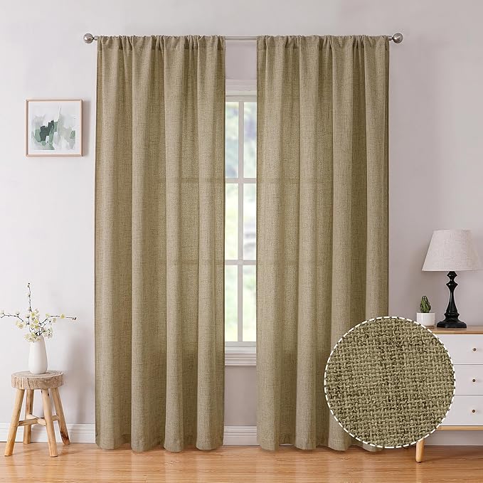 Tollpiz Linen Curtain Living Room Rod Pocket Semi Sheer Curtains Burlap Light Filtering Thick Linen Drape for Bedroom, 54 x 72 inches Long, Taupe, Set of 2 Panels