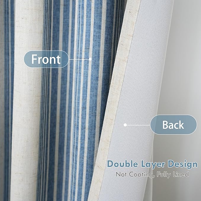 DriftAway Farmhouse Vertical Striped Linen Blend Textured Light Filtering Semi Sheer Curtains for Living Room Bedroom 120 Inches Long Drapes 2 Panels Broad Striped Jean Navy