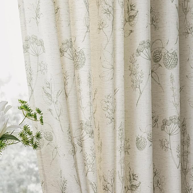 FMFUNCTEX Linen Curtains Floral Patterned Curtain for Bedroom Living Room, Sage Green Curtains 84 Inches Long Farmhouse, Light Filtering Beige Window Curtain Grommet Top 2 Panels Set