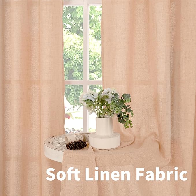 YoungsTex Peach Linen Curtains 72 Inches Long for Living Room, Coral Drapes Semi Sheer with Bronze Grommet Light Filtering Textured for Bedroom Dining Spring Decor, 52 x 72 Inch, 2 Panels