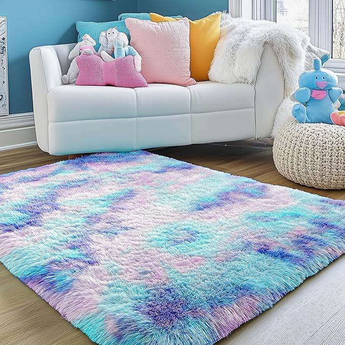 PAGISOFE Plush Rainbow Rugs for Bedroom Girls, 6x9 Soft Purple Shag Washable Area Rugs for Livingroom, Girls Room, Nursery, Classroom, Home Decor, Fluffy Fuzzy Carpet Mermaid Kawaii Pink Rugs
