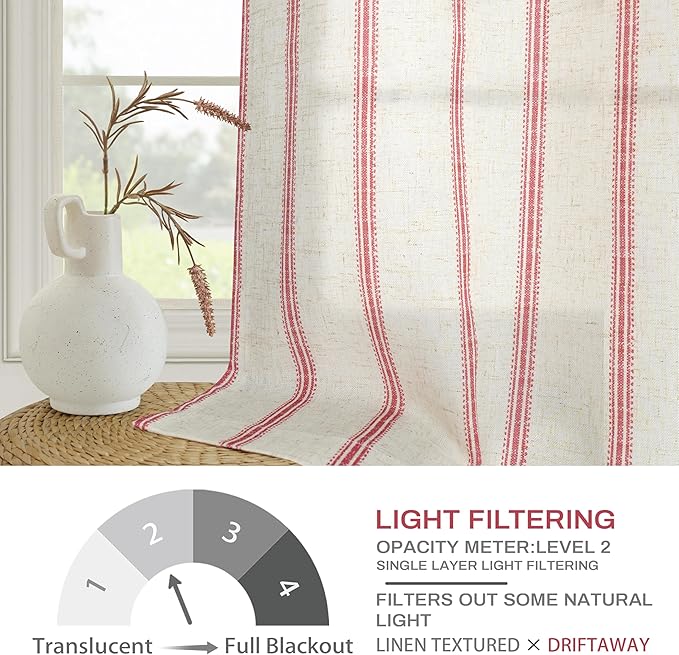 DriftAway Farmhouse Vertical Striped Linen Blend Textured Light Filtering Semi Sheer Curtains for Living Room Bedroom 36 Inches Long Drapes 2 Panels