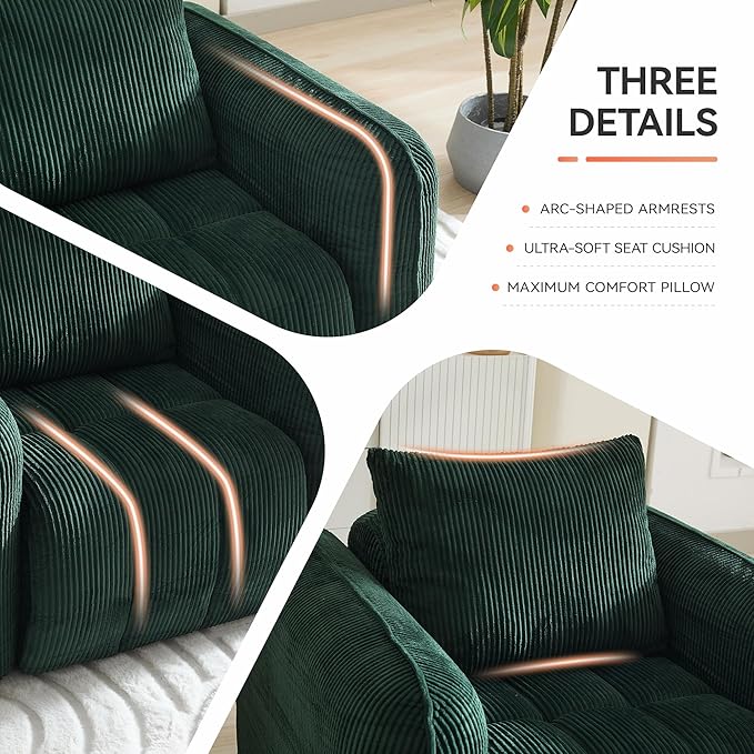 Corduroy Boneless Living Room Sets, Modern Upholstered 3 Seater Sofa with 2 Signle Accent Chairs, Comfy Deep Seat Cloud Sofa Couch Sets for Living Room, Green