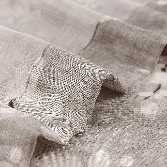 Fmfunctex Linen Sheer Curtains for Bedroom, Tan White Blossom Print Curtains 63 Inch Length for Living Room, Taupe Floral Patterned Farmhouse Curtain Light Filtering Window Drapes 2 Panels, Rod Pocket