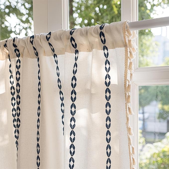 Sutuo Home Boho Valance Curtain 36 inches Tier for Cafe Closet, Short Farmhouse Vintage Tassels Window Treatment Bohemian Embroidery Drape, Rod Pocket 1 Panel 52" W x 36" L, White and Navy Blue