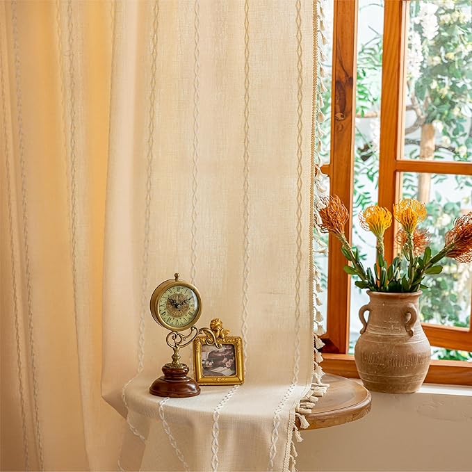 Sutuo Home Boho Curtains for Bedroom Dining Room Kitchen,Light Filtering Linen Farmhouse Shabby Chic Tassels Window Treatment Bohemian Embroidery Drape, Rod Pocket 1 Panel 52" W x 72" L, Champagne