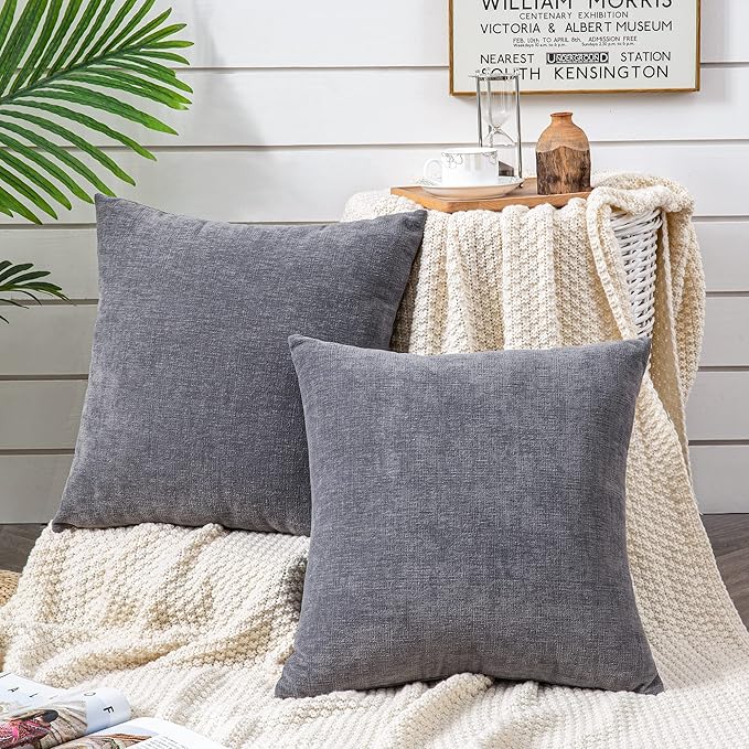 GAWAMAY Decorative Square Throw Pillow Covers 20"x20" Inch Set of 2, Super Soft Chenille Pillows Cover Fall Pillowcase for Living Room Bedroom Sofa Couch Cushion Cover Grey 50x50cm (No Insert)