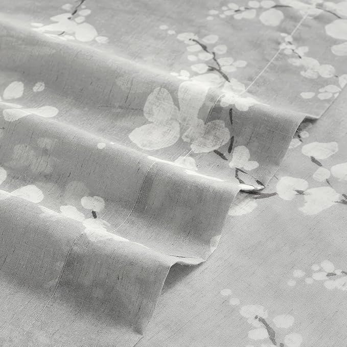 FMFUNCTEX Linen Sheer Curtains for Bedroom, Grey White Blossom Print Curtains 63 Inch Length for Living Room, Floral Patterned Farmhouse Curtain Light Filtering Window Drapes 2 Panels, Rod Pocket
