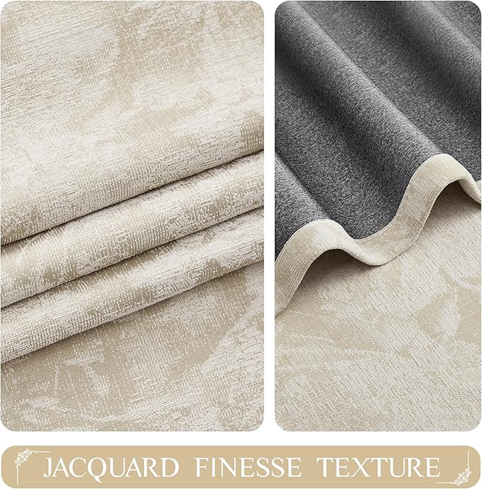 Beauoop Beige Floral Jacquard Blackout Curtains 84 Inches Long for Patio Sliding Door Extra Wide Chenille Flower Divider Room Darkening Thermal Soundproof Grommet Window Drapes, 100x84 Set of 1