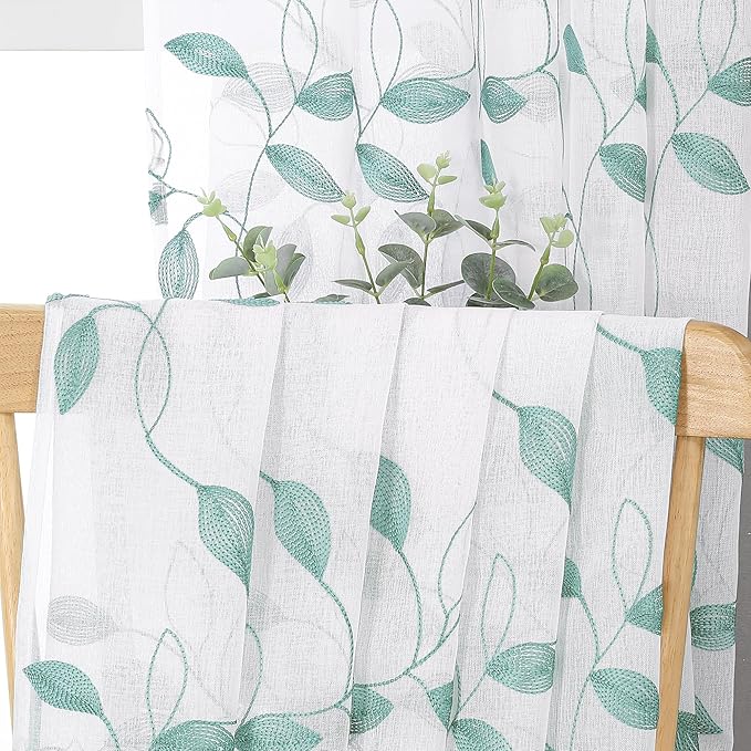 Tollpiz Teal Blue Leaf Sheer Curtain Leaves Embroidered Living Room Curtains Rod Pocket Voile Window Treatment for Bedroom, 54 x 72 inches Long, Set of 2 Panels