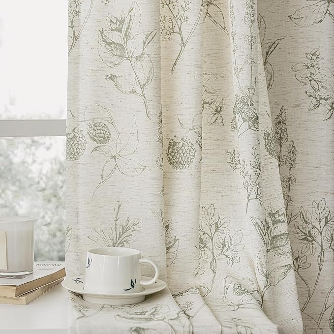 FMFUNCTEX Linen Curtains Floral Patterned Curtain for Bedroom Living Room, Sage Green Curtains 96 Inches Long Farmhouse, Light Filtering Beige Window Curtain Grommet Top 2 Panels Set