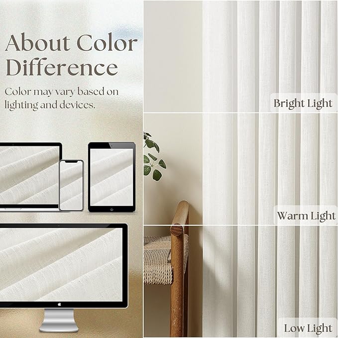 90 Inches Long Linen Curtains 60 Inch Width Pinch Pleated 90 Inch Length for Living Room Bedroom Ivory Off White Semi Sheer Back Tab Hooks Rings Pinch Pleat Curtains for Patio Glass Door 1 Panel