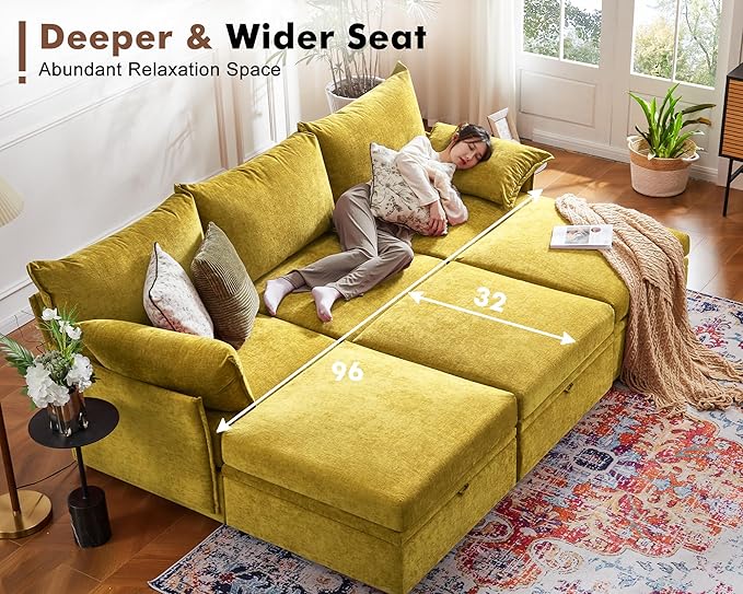 ABCASA 102.6" Modular Sectional Sofa, L Shaped Couch Set for Living Room, 3-Seater Comfy Cloud Couches with Movable Storage Ottoman,DIY Combination - Chenille Yellow