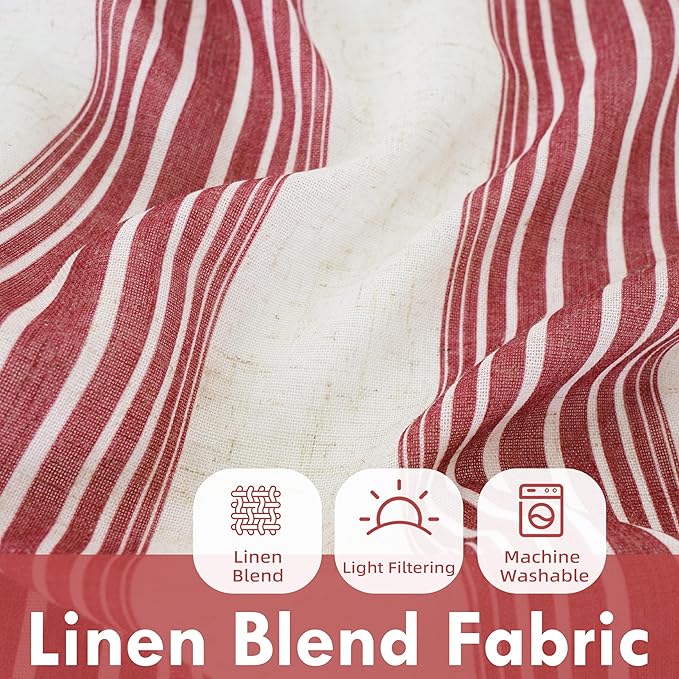 DriftAway Farmhouse Vertical Striped Linen Blend Textured Light Filtering Semi Sheer Curtains for Living Room Bedroom 96 Inches Long Drapes 2 Panels Broad Striped Linen Red