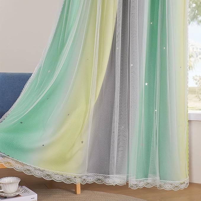 XiDi Yellow & Rainbow Curtains for Kids & Girls Room - Blackout, Grey & Green 52x84 Inch Long 1 Panel with Unicorn Wall Decals