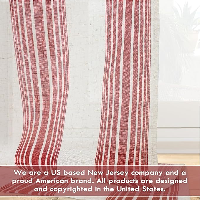DriftAway Farmhouse Vertical Striped Linen Blend Textured Light Filtering Semi Sheer Curtains for Living Room Bedroom 63 Inches Long Drapes 2 Panels Broad Striped Red